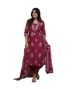 V.K.CRAFT Women's Cotton Printed Straight Kurti with pant and Dupatta Set