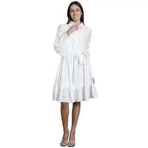 MARC LOUIS Self Design Schiffli Tie Ups Cotton Shirt Dress ML 2792 White-XS