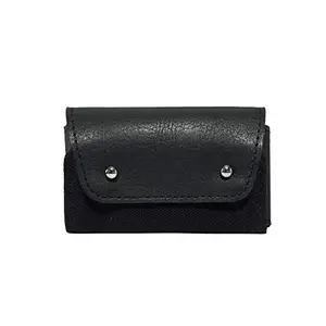CANVAS & AWL Genuine Leather & Canvas Card Holder Pocket Sized Slim Minimalist Wallet Business Card Case (Black)