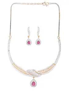 Priyaasi Pink Stone American Diamond Jewellery Set for Women | Fancy Necklace with Drop Earrings | Gold-Plated | Best Gifts for Women & Girls