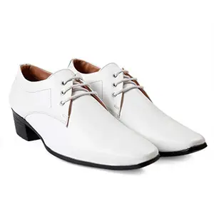BXXY Mens White Faux Leather Height Increasing Formal Lace-Up Shoes on Cuban Sole
