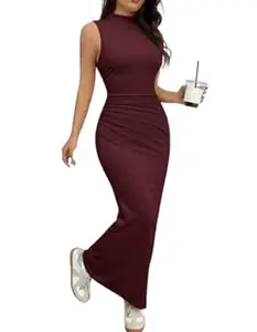 Mock Neck Sleeveless Bodycon Cotton Maxi Dress for Women – Figure Hugging Stretch Long Dress, Elegant Casual Outfit for Summer, Evening Night