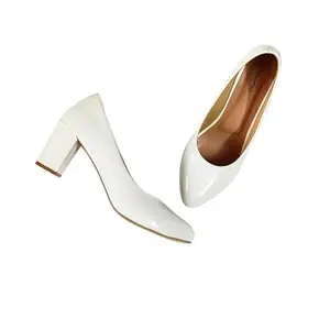 Shunya Women Comfortable White Round Toe Closed Pump Shoes Belly with Block Heel Slip-on Sandal for Casual and Official Occassions- Size:6