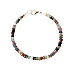 RRJEWELZ Watermelon Tourmaline Rondelle Beaded Bracelet – Faceted 3-3.5mm Multicolor Stones with Silver Lock – 7 Inch Adjustable link Bracelet for Men & Women|LCBR_RR_06610
