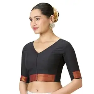 Studio Shringaar Women's Handloom Cotton Stretchable (Smocked) Saree Blouse with Temple Zari Border