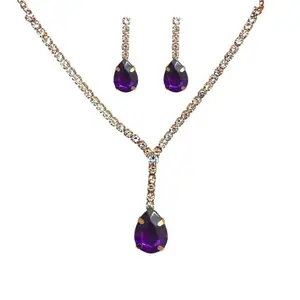 ACCESSHER American Diamond Necklace Set with Magenta Teardrop Pendant Stone & Rhinestone Chain in Dual Tone – Includes Necklace & Earrings, For Women & Girls (Purple 1)
