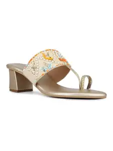 Inc.5 Womens Golden Ethnic Embellished Round Toe Block Heel Slip-On