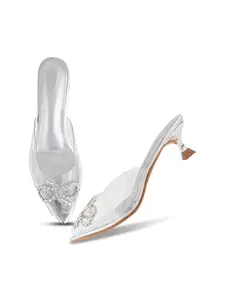 FROH FEET Women’s Transparent Open-Back Sandals Stylish Upper Stone Detail Kitten Heel & Comfortable Sole