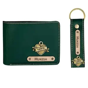 NAVYA ROYAL ART Customized Wallet and Keychain Combo for Men | Personalized Wallet Keychain Set with Name Printed | Leather Name Wallet Keychain for Men | Customised Gifts for Men with Name & Charm = Green