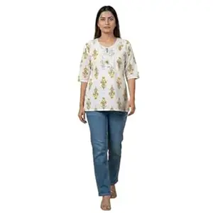 Teenager Girl(5'3 Height) Cotton Printed Straight Short Kurti with Tie-up Neck, Half Sleeves, M to XL(White & Mustard Floral Buta Cotton Kurti)