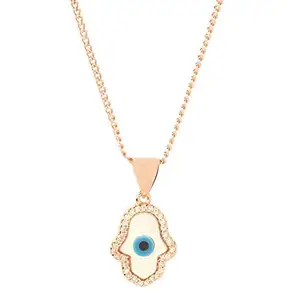 The Bling Box Evil Eye Hamsa with Mother of Pearl Zirconia Pendant Charm Rosegold Necklace Chain For Women and Girls