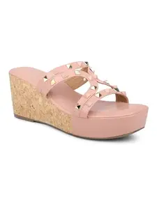 INC.5 Women Peach Studded Open Toe Wedge Heels