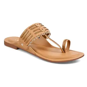 Padchin Women's Flat Floral Embellished Fashion Beige Kolhapuri Chappal Sandals