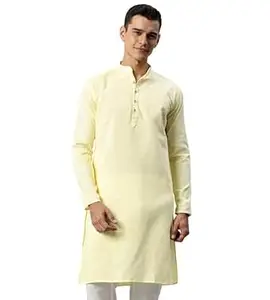 Majestic Man Men's Cotton Regular Fit Casual Mandarin Collar Ethnic Motifs Solid Long Kurta