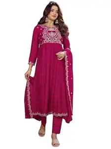 Aspora Women's Vichitra Silk Embroidered Flared Kurta with Pant and Scalloped Dupatta Set