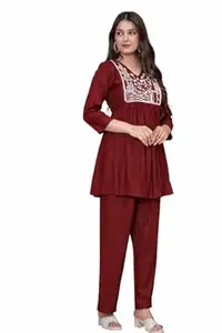 Women's Rayon Kurta with Embroidered Yoke, V-Neck, Long Sleeve, Hip Length, Regular Fit, Available in Maroon and Black