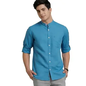 Linen Club Men's Pure Linen Blue Solid Regular Fit Full Sleeve Casual Shirt(SIZE-44)-LCSFSD7220885