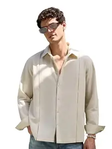 The Souled Store Cotton Linen: Men and Boys Long Sleeve Spread Collar Solid Relaxed Fit Lightweight Easy to Style Everyday Office Wear Cotton Linen Shirt