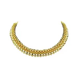 Traditional Maharashtrian Thushi Necklace, Gold Plated Copper with Red Beads, 40-45 cm, Festival Wear