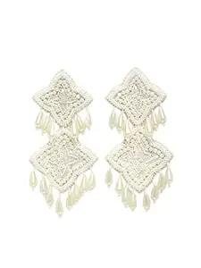 Moedbuille Off White Pearls And Beads Studded Contemporary Design Drop Earrings For Women's (Mber02921), One Size
