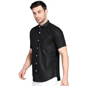 MILDIN Men's Cotton Blend Solid Shirt with Spread Collared Half Sleeve Curved Hemline Button Closure Regular Fit and One Pocket | Half Sleeve Shirt for Men