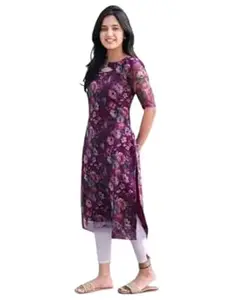 NEW FUSION FABRIC Women Organza Fabric Digital Printed Short Sleeves Pattern Kurti for Women, Long Kurti