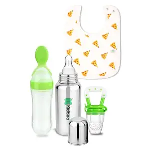 Kidbea Stainless Steel Infant Baby Feeding Bottle, Pizza Printed Bibs, Green Silicone Food and Fruit Feeder BPA Free Combo of 4