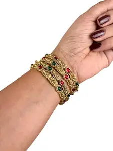GEAMORA SHINE IN YOUR STYLE Antique Gold-Plated Bangles for Women – Traditional Floral Design with Red & Green Stones, Ethnic Temple Jewellery for Weddings & Festivals
