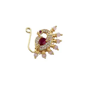 Anuradha Art Jewellery Delicate Baby Pink Colour Traditional Maharashtrian Nath Gold Plated Without Piercing Press or Clip on Type Nose Ring Pin for Women.