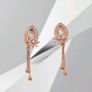 Premium Rose Gold Drop Earrings, 4 cm Length, Crystal Floral Design with Double Chain Tassels