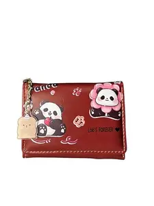 Cute Panda Design Faux Leather Wallet for Women, Brown, with Bear Charm and Chain
