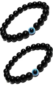 Evil Eye Black Beaded Bracelet with Blue Eye Charm, Set of 2