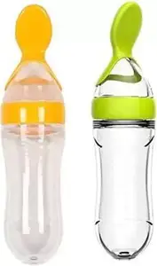 PRUEDDLE KIDS New Baby Fedding Utensils Combo of Milk Bottle,Feeder,Teether for Baby Care - Silicon, Stainless Steel (Green, Yellow)