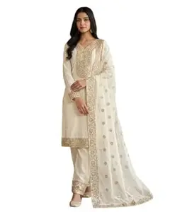 JIYA'S Collection Women Eid Special Fendy Silk Embroidered Kurta Palazzo Set with Dupatta