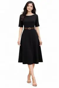anvida Women’s Elegant Midi Dress with Belt | Half Sleeve Fit & Flare Casual Dress | Knee Length Office Party Western Dress for Women