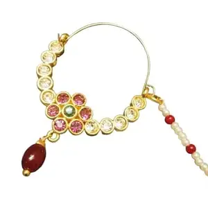 Women's Gold Plated Alloy Traditional Bridal Nose Ring//Nath for Women And Girls (red)