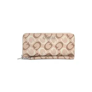 GUESS Women Beige Typography Wrist Strap Zip Around Wallet