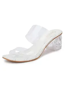 Jking Women's Transparent Block Heels | Marble Effect Crystal Look | Clear Strap Stylish Slip-On women mules-Cream,4UK