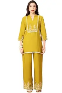 GANIX - FASHION THAT DEFINE YOU Women’s Embroidered Rayon Co-Ord Set | Ethnic Kurta & Palazzo Pant Set | 3/4 Sleeve Mandarin Collar Kurti Set | Daily Casual, Festive & Office Wear | Comfortable Breathable Fabric with Pocket