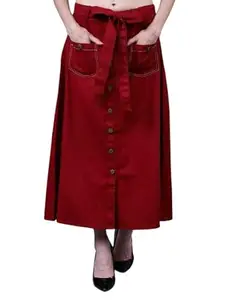 Codaisy Women's Ethnic Fashion Plain Solid Cotton A-Line Front Buttoned Long Maxi Skirt with Belt (36) Maroon
