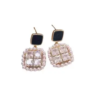 Women's Square Drop Earrings with Pearls & Black Enamel – Elegant Statement Dangler for Party & Ethnic Attire - Best for Gifting, Casual and Office Attire