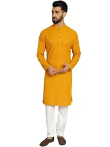 Men Cotton Embroidery Chikankari Mustrad Yellow Kurta with Aligarh Pyjama for Party Wedding and Events (Mustrad Yellow-42)