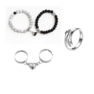Friendship Day Combo Gift Set – Couple Bracelet + Couple Rings + Hug Ring | Unisex Friendship Jewelry Gift for Best Friends, Boyfriend-Girlfriend, Siblings