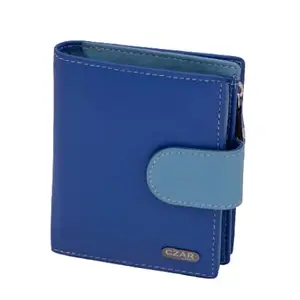 Czar Leder Women's 100% Pure Genuine Leather Handmade Slim Trifold Women’s Wallet with 10 Credit Card Slots & ID Window- Metallic Blue