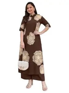 ANNI Designer Women Viscose Blend Straight Fit Printed Kurta Palazzo Set | Mandarin Neck Outfit | Lightweight Breathable Fabric | Comfortable Elegant Styling for Office Casual Wear