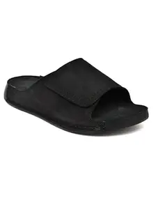 NICO NERINI Men's Genuine Leather Black Slide Sandals with Velcro Strap – Casual Open-Toe Comfort Footwear