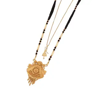MALKYN Women's Exquisite Gold-Plated Long Mangalsutra with an Intricate Multi-Layered Filigree Pendant and Black Beaded Chain, Paired with an Adjustable Gold-Tone Charm Necklace-MD-019
