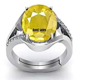 ANUJ SALES Certified Unheated Untreatet 11.25 Ratti A+ Quality Natural Yellow Sapphire Pukhraj Gemstone Silver Adjustable Ring for Women's and Men's