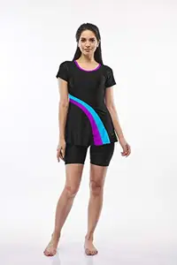 LYCOT - Ladies Half Sleeves A-Line Top + Cycling Tights Pattern Swimwear (Black | Size: 2XL)