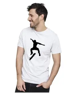 ALLEN BLACK Men's & Women's Regular Fit 100% Cotton T-Shirt (SKATEBOA09-White L Men Round_)